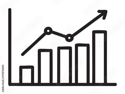 Black outline of a bar graph with ascending bars and a line graph with an arrow indicating growth.