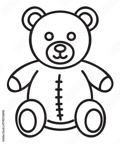 Black outline of a classic teddy bear with simple, minimalistic features, including stitched detailing on the belly.