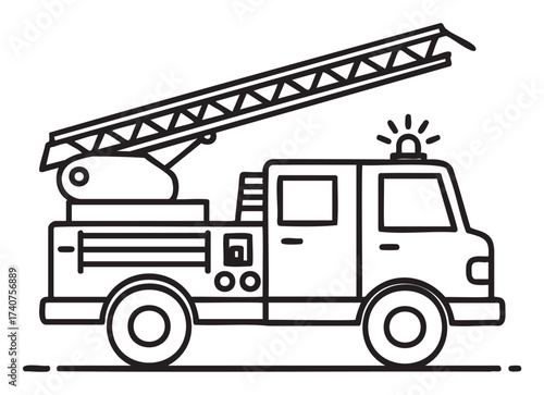 Simple black outline drawing of a fire truck with an extended ladder and a siren on top, showcasing emergency vehicle details.