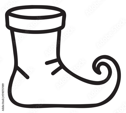 Black outline drawing of a whimsical elf shoe with a curled toe and a folded cuff.