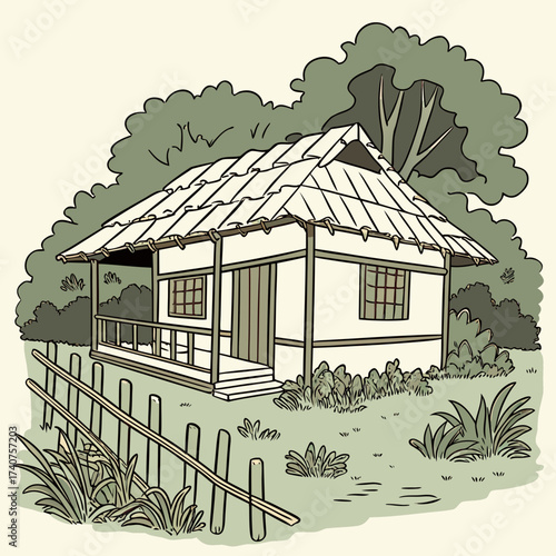 A charming hand drawn illustration of a traditional wooden house with a tiled roof surrounded by lush green trees and foliage featuring a simple bamboo fence