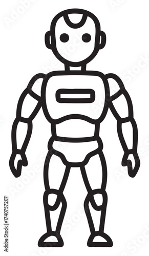 Black outline vector icon of a humanoid robot in a standing position with simple, minimal design and bold lines.