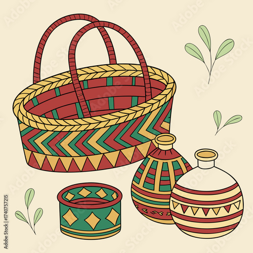 A colorful woven basket and decorative pottery with geometric patterns and delicate green leaves against a cream background