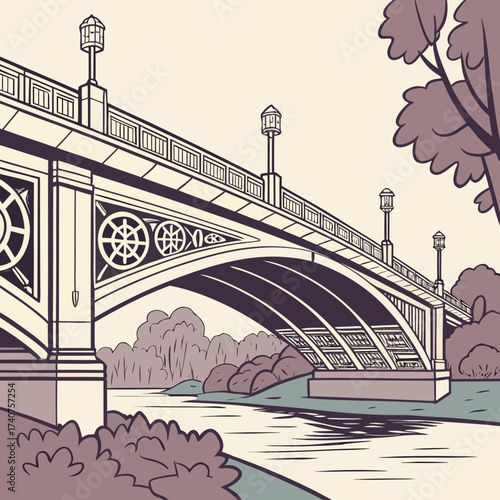 Art deco bridge with ornate lampposts arches over a calm river surrounded by stylized trees and bushes in a serene landscape illustration