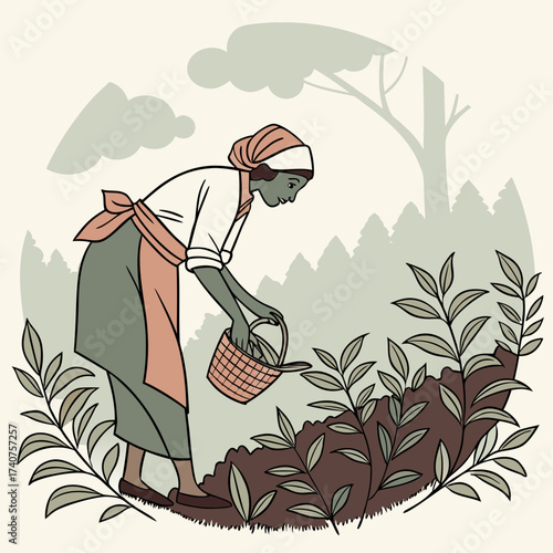 A woman wearing an apron and headscarf tends to plants in a garden holding a basket