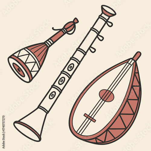 Collection of traditional musical instruments including a drum a woodwind instrument and a stringed instrument depicted in a simple stylized illustration