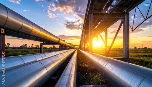 A shot of pipelines bathed in sunlight, stretching towards the horizon at sunset, with supporting infrastructure