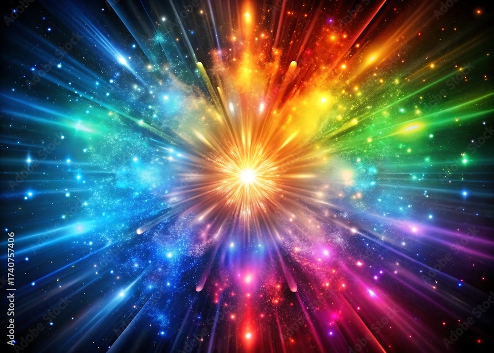Fototapeta premium Vibrant rainbow explosion of light streaks and particles in darkness