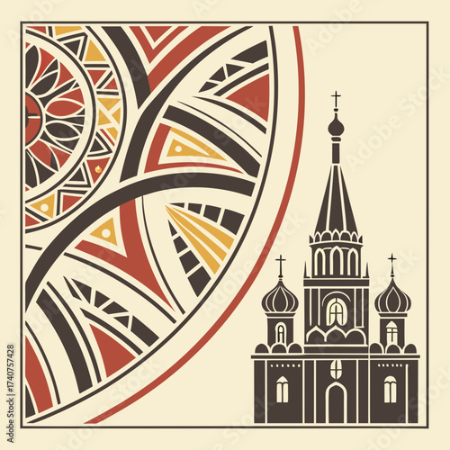Stylized russian orthodox church silhouette and geometric pattern with traditional colors