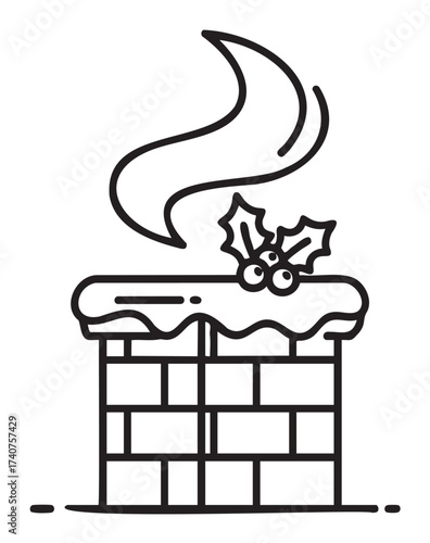 Outline vector icon of a brick chimney decorated with holly and emitting smoke, symbolizing winter and festive holiday themes.