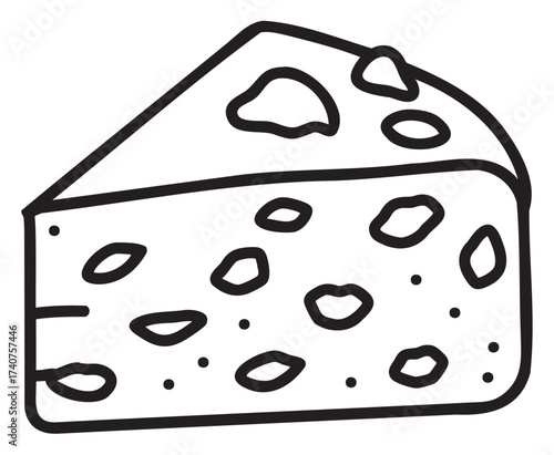 Black outline drawing of a slice of cheese with holes, resembling swiss cheese, unique for culinary and dairy concepts.