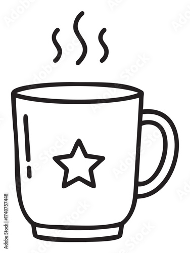 Black outline vector icon of a steaming coffee mug with a star emblem centered on its side. minimal linear illustration for home, kitchen, and beverage concepts.
