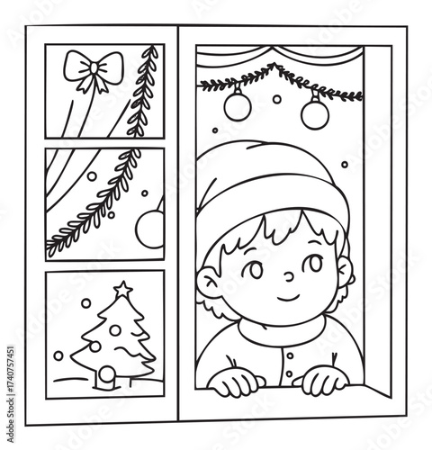 Young caucasian child wearing a winter hat, looking out a window with holiday decorations and a christmas tree.