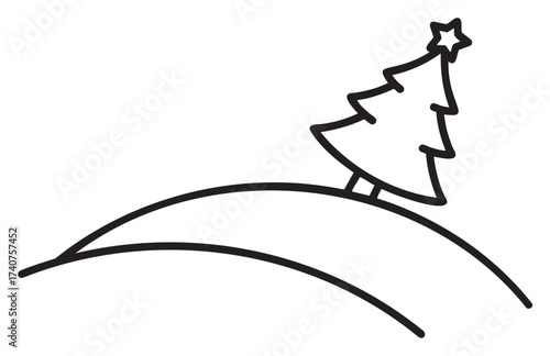 Black outline drawing of a stylized christmas tree with a star on top, situated on a curved hillside.