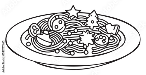 Black and white outline illustration of a plate containing spaghetti noodles topped with festive holiday-themed shapes like stars, trees, and circular decorations.