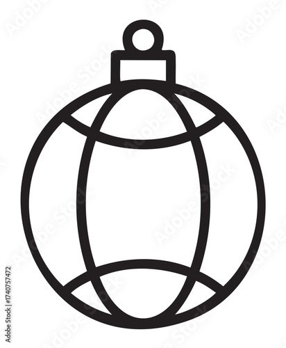 Simple monochrome line drawing of a round christmas ornament featuring a decorative loop and curved design elements.