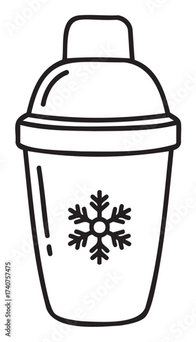 Black outline vector icon of a cocktail shaker with a snowflake design on the side, symbolizing cold drinks and mixology.