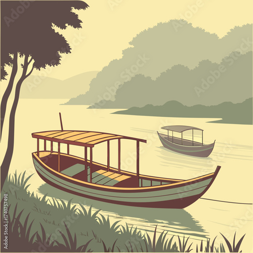 Tranquil river scene with traditional boats moored by lush greenery and distant misty mountains