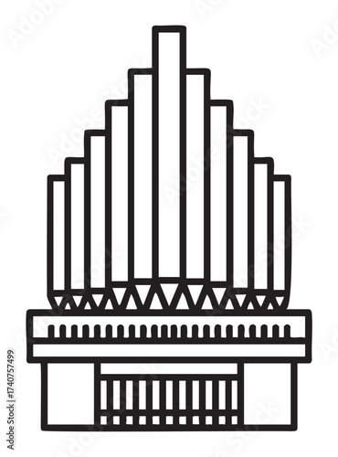 Black outline icon of a large pipe organ with multiple pipes and a traditional keyboard. minimal linear design for music and church architecture concepts.