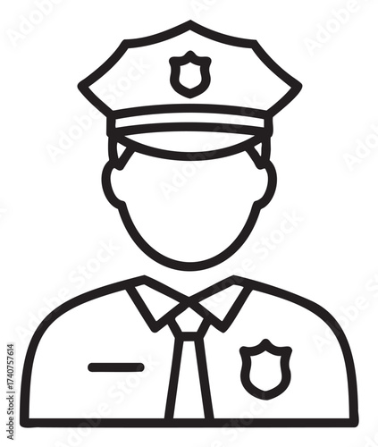 Black outline vector icon of a uniformed police officer wearing a peaked cap and badge. simple line art illustration for law enforcement themes.