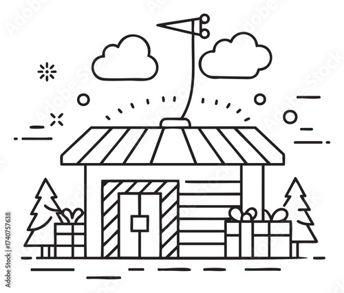 Black outline drawing of a simple barn with a weather vane and surrounding trees, decorated with gifts around it, under a partly cloudy sky.
