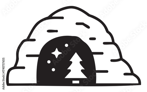 Black outline icon of a simple igloo with a tree inside, representing a winter theme.
