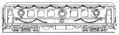 Black and white outline of a train car adorned with festive garlands and wreaths, featuring intricate details on the wheels and structure.
