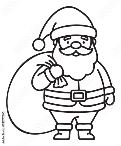 Black outline drawing of santa claus holding a large gift sack, wearing a traditional hat and belt, with a jolly expression.