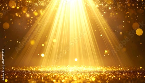 A radiant golden scene with shimmering particles. Bright light beams cascade down, illuminating a textured surface, creating an ethereal atmosphere