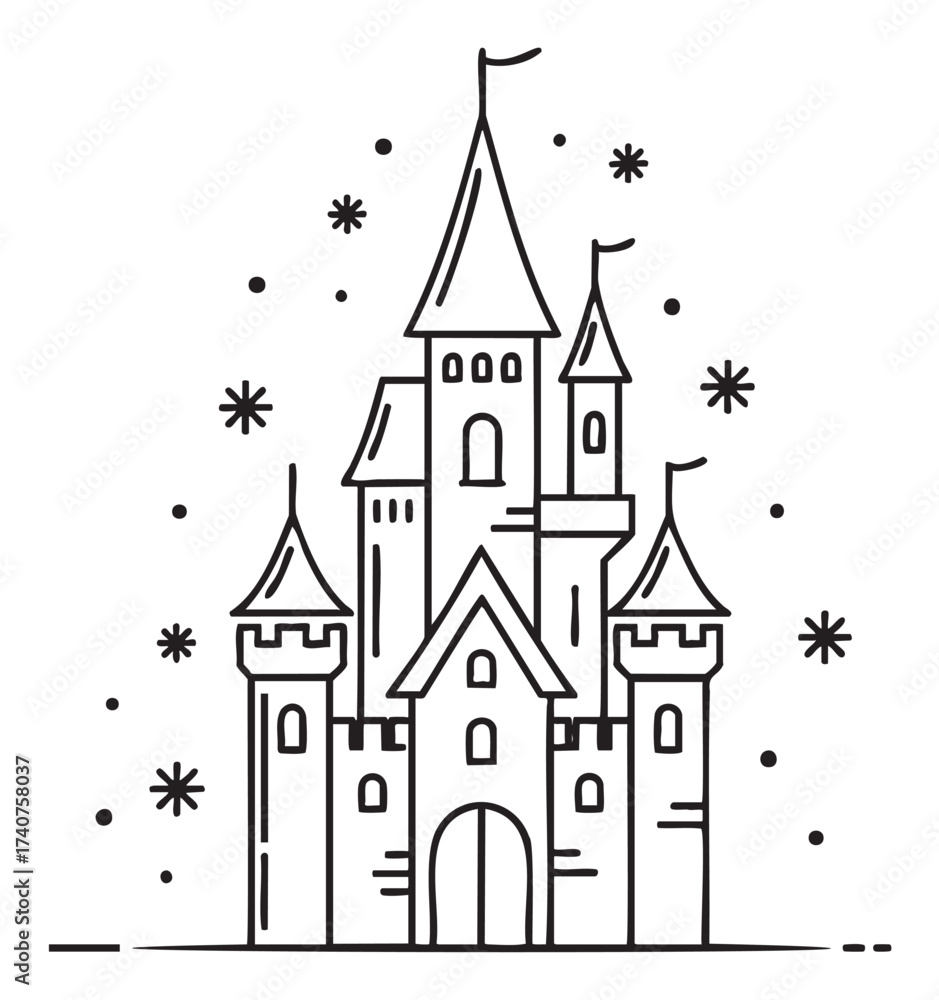 Fototapeta premium Black outline vector icon of a fairytale castle with multiple towers and decorative stars. minimal linear illustration for fantasy, architecture, and storybook themes.