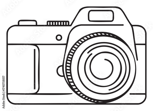 Black outline drawing of a classic single-lens reflex camera with a large front lens and various control dials, illustrating photography equipment.