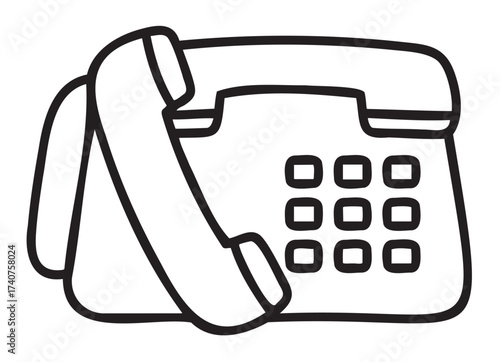 Black outline drawing of a classic rotary telephone with a numerical keypad, showcasing a vintage communication device.