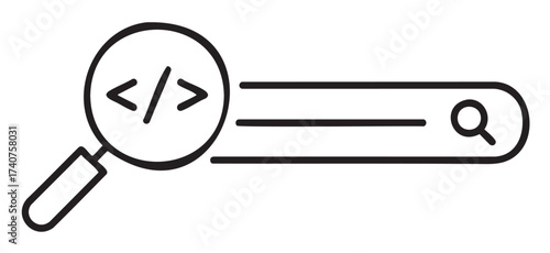 Black outline vector icon of a search bar with a magnifying glass displaying html code brackets. minimalist design for web development and coding concepts.