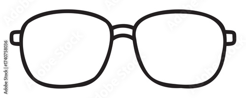Black outline drawing of classic eyeglasses with oval lenses, connected by a thin bridge and featuring sleek temples.
