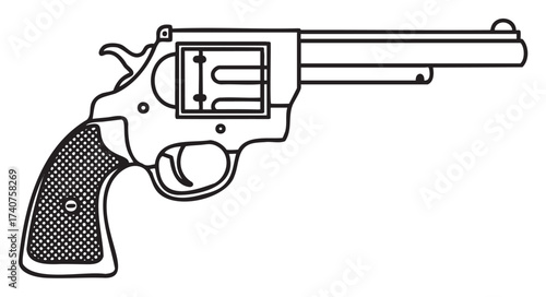 Black outline drawing of a classic revolver with a long barrel and textured grip, showcasing mechanical details and sturdy design.
