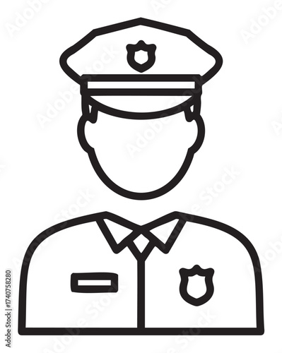 Black outline icon of a police officer in uniform with a peaked cap and badge, representing law enforcement and public safety.