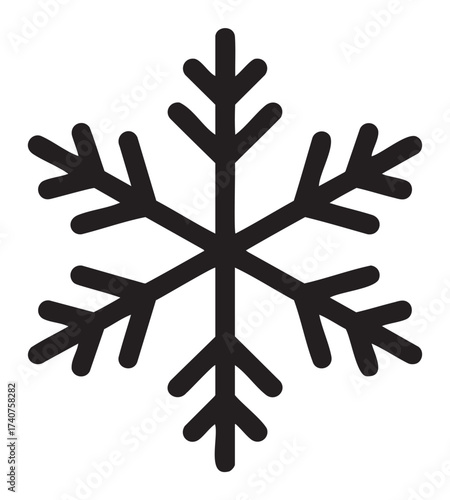 Black outline vector icon of a simple six-branched snowflake. minimal linear design for winter, cold weather, and seasonal concepts.