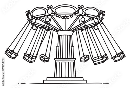 Black and white outline vector icon of a swing ride at an amusement park, featuring suspended seats and a central column structure.