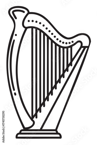 Black outline of a classic harp with strings and elegant curves, ideal for music and instrument design concepts.