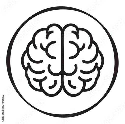 Black outlined brain icon within a circle, showcasing symmetrical hemispheres for cognitive and medical themes.