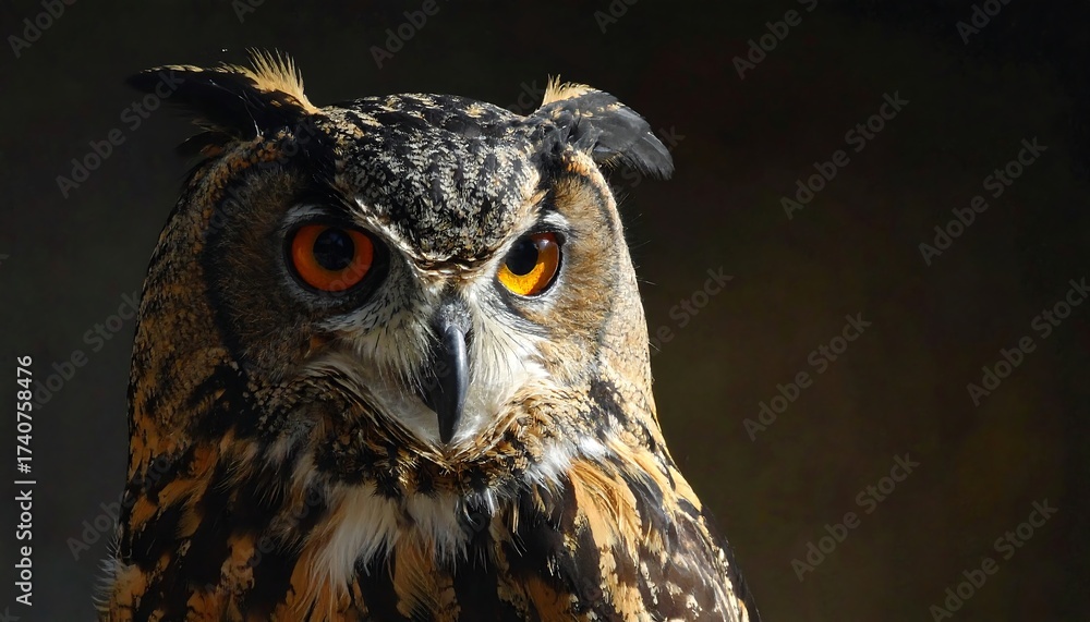 Fototapeta premium Close-up of an Owl's Face with Intense Eyes and Detailed Feathers