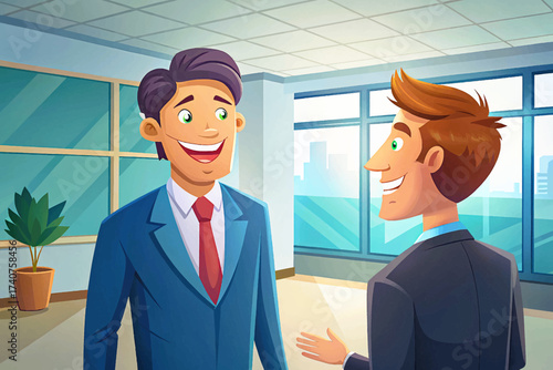 Cheerful male entrepreneur talking with colleague inside a bright office lobby space, created in detailed vector style, ideal for stock images, corporate lifestyle, networking concepts, leadership