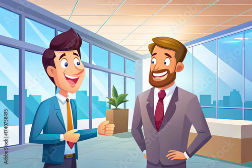 Cheerful male entrepreneur talking with colleague inside a bright office lobby space, created in detailed vector style, ideal for stock images, corporate lifestyle, networking concepts, leadership