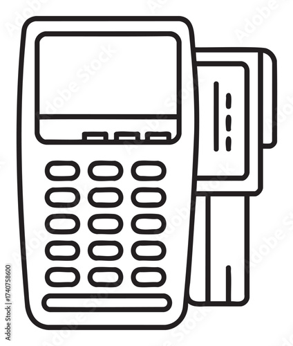 Black outline icon of a payment terminal with a keypad and credit card inserted, representing transaction and retail technology.