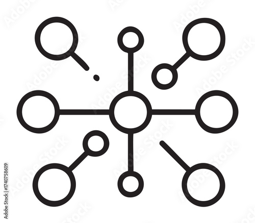 Black outline icon of a hub-and-spoke network with central circle and seven connected nodes representing communication or information flow.