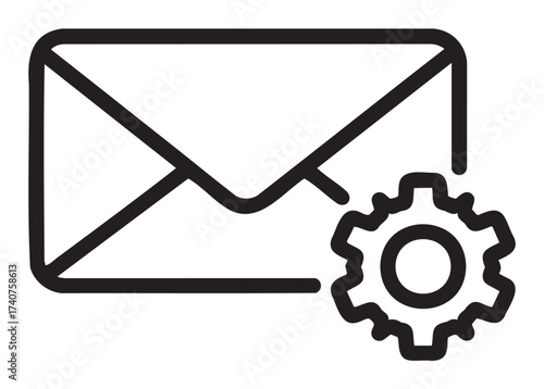 Black outline icon of an envelope with a gear symbol, representing email or message settings in a minimalistic style.