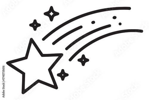 Black outline icon of a shooting star with sparkling trails and additional small star accents.