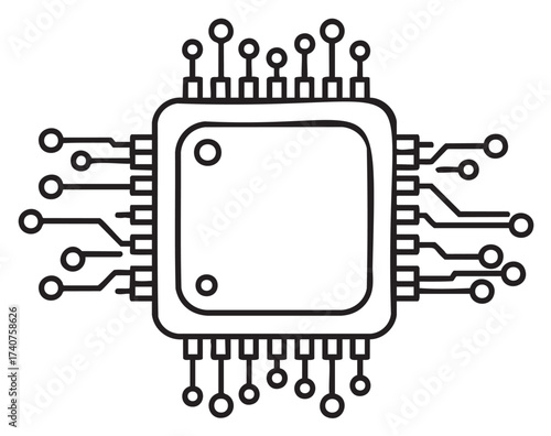 Black outline drawing of a microchip with intricate circuit lines extending outward, representing technology and electronics concepts.