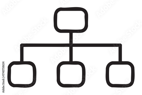 Black outline of a simple hierarchical structure with interconnected square nodes and one central node on top.