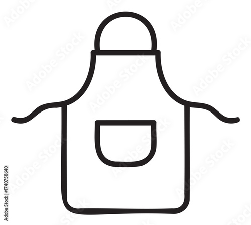 Minimalist black outline icon of a simple cooking apron with a singular front pocket and neck loop.